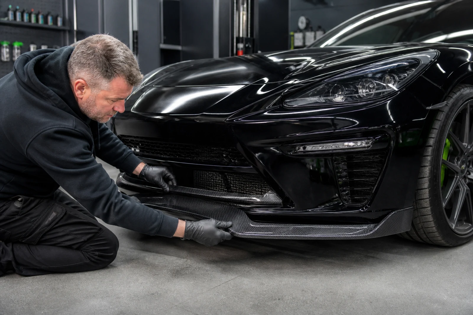 A technician fitting a carbon-composite front splitter to a performance car