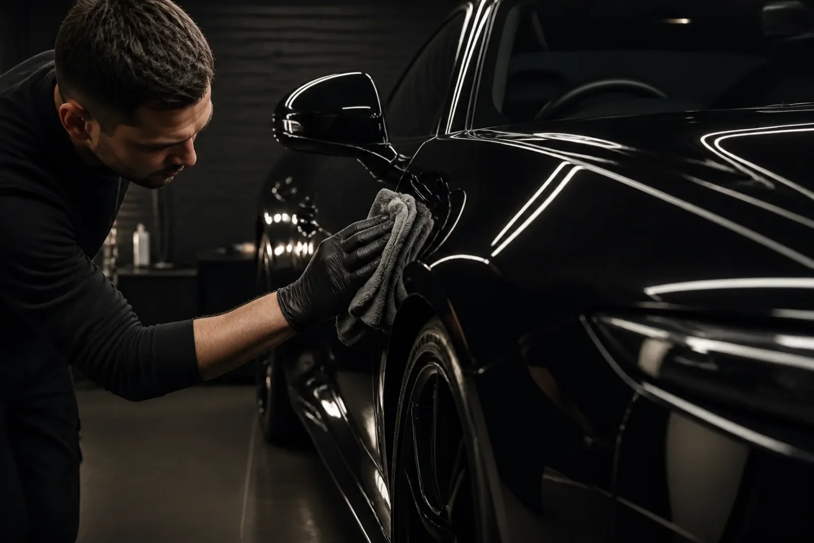 A technician polishing the bodywork of a black performance car