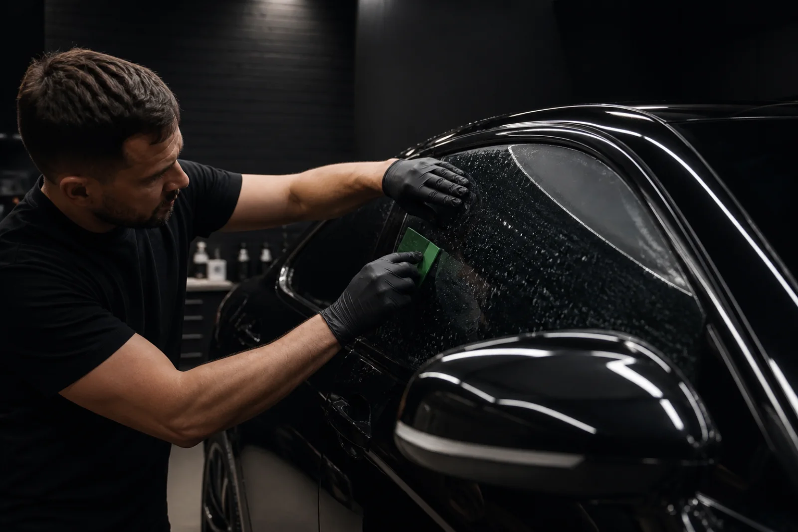 A technician applying window tint to a premium car